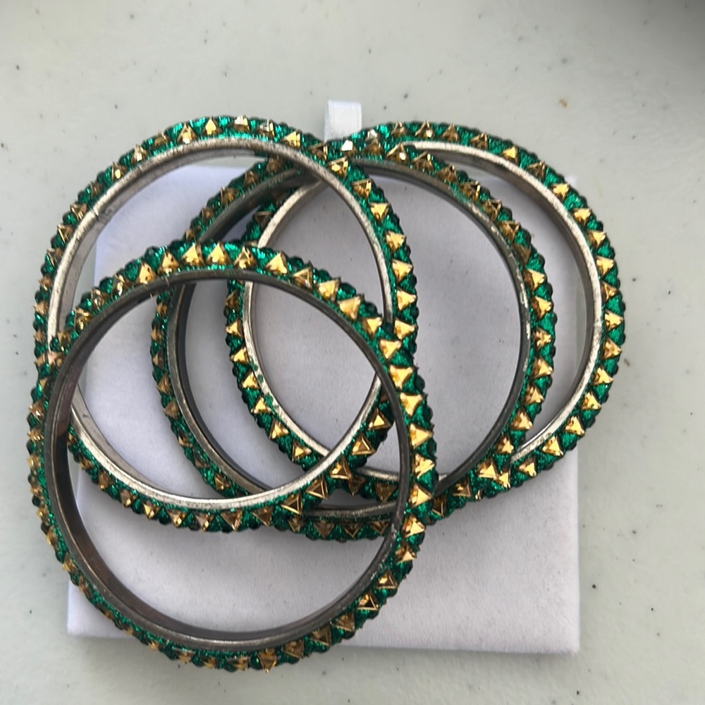 New:Set of 4 Green and gold Crystals Bangle Bracelets from India,2.5 inches wide